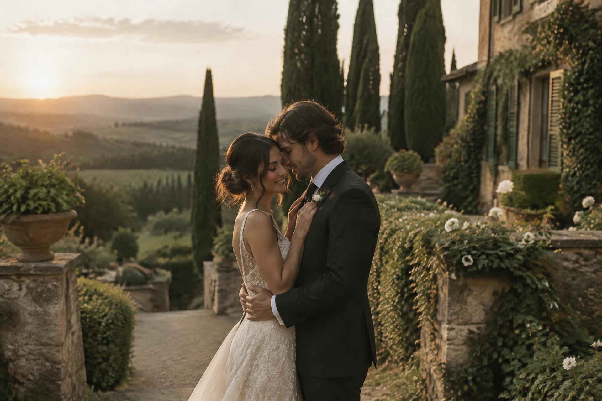 Bride and groom embracing at sunset in a Tuscan villa garden